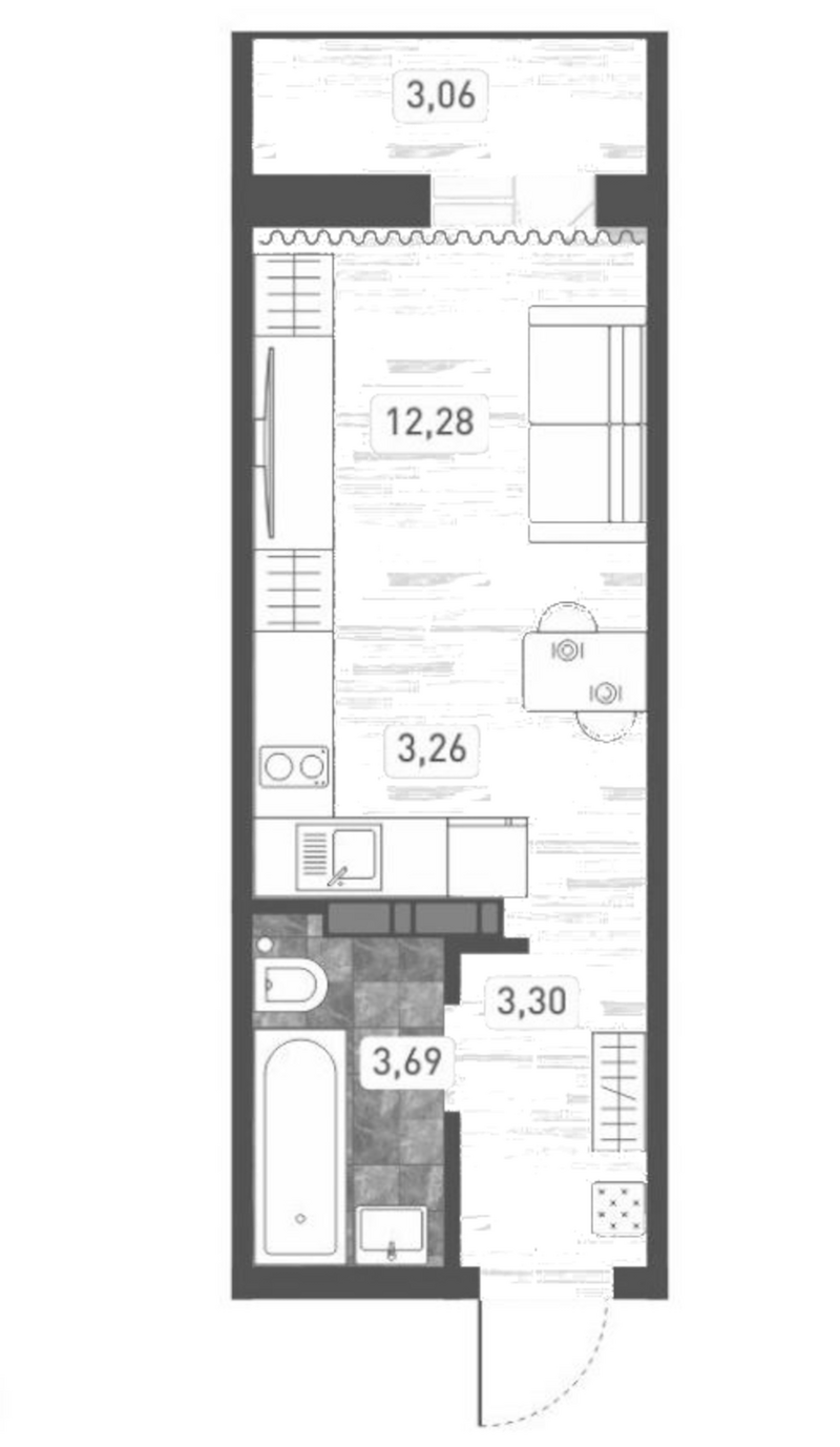 Планировка студии 22.53 м² в ЖК «Радуга Сибири»