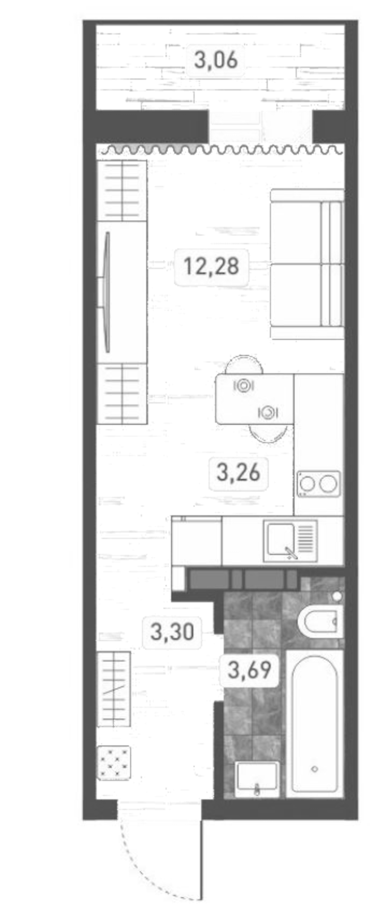Планировка студии 22.53 м² в ЖК «Радуга Сибири»