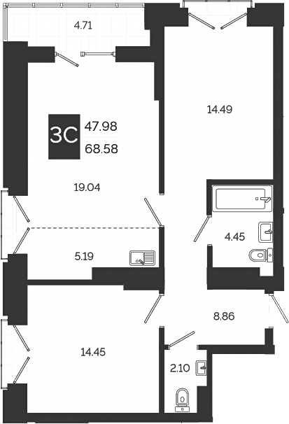 Планировка 3е-к.кв 68.58 м² в ЖК «Авторский квартал»