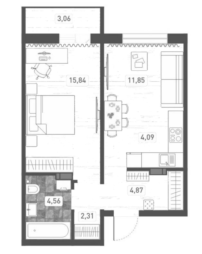 Планировка 2е-к. квартира 43.52 м² в ЖК «Радуга Сибири»