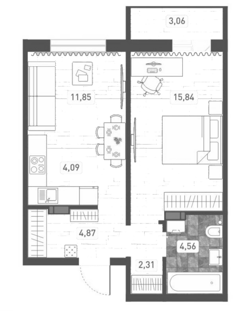 Планировка 2е-к. квартира 43.52 м² в ЖК «Радуга Сибири»