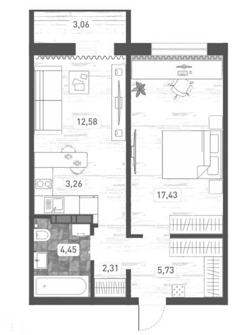 Планировка 2е-к. квартира 45.76 м² в ЖК «Радуга Сибири»