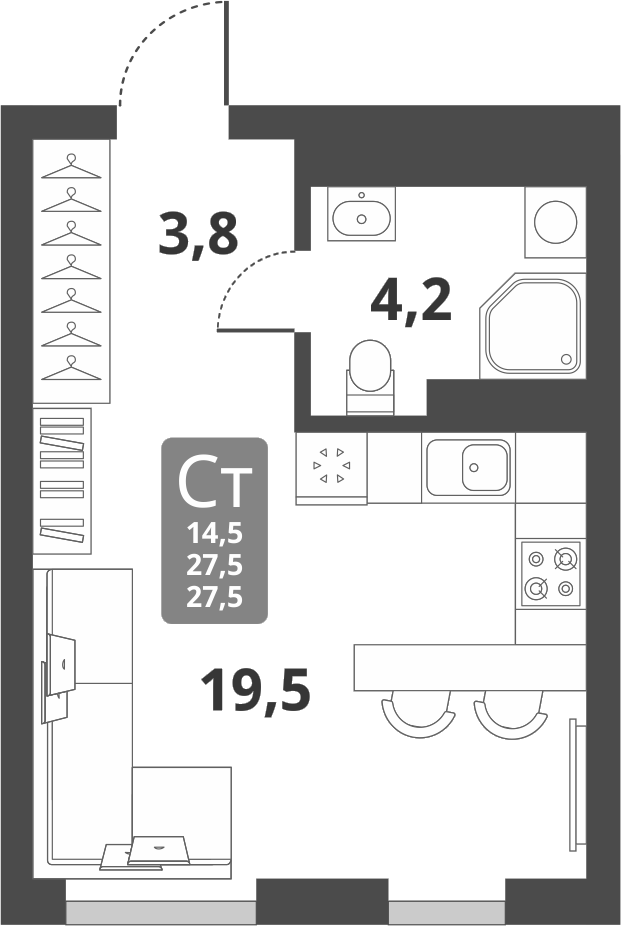 Планировка студии 27.50 м² в ЖК «Тайгинский парк»
