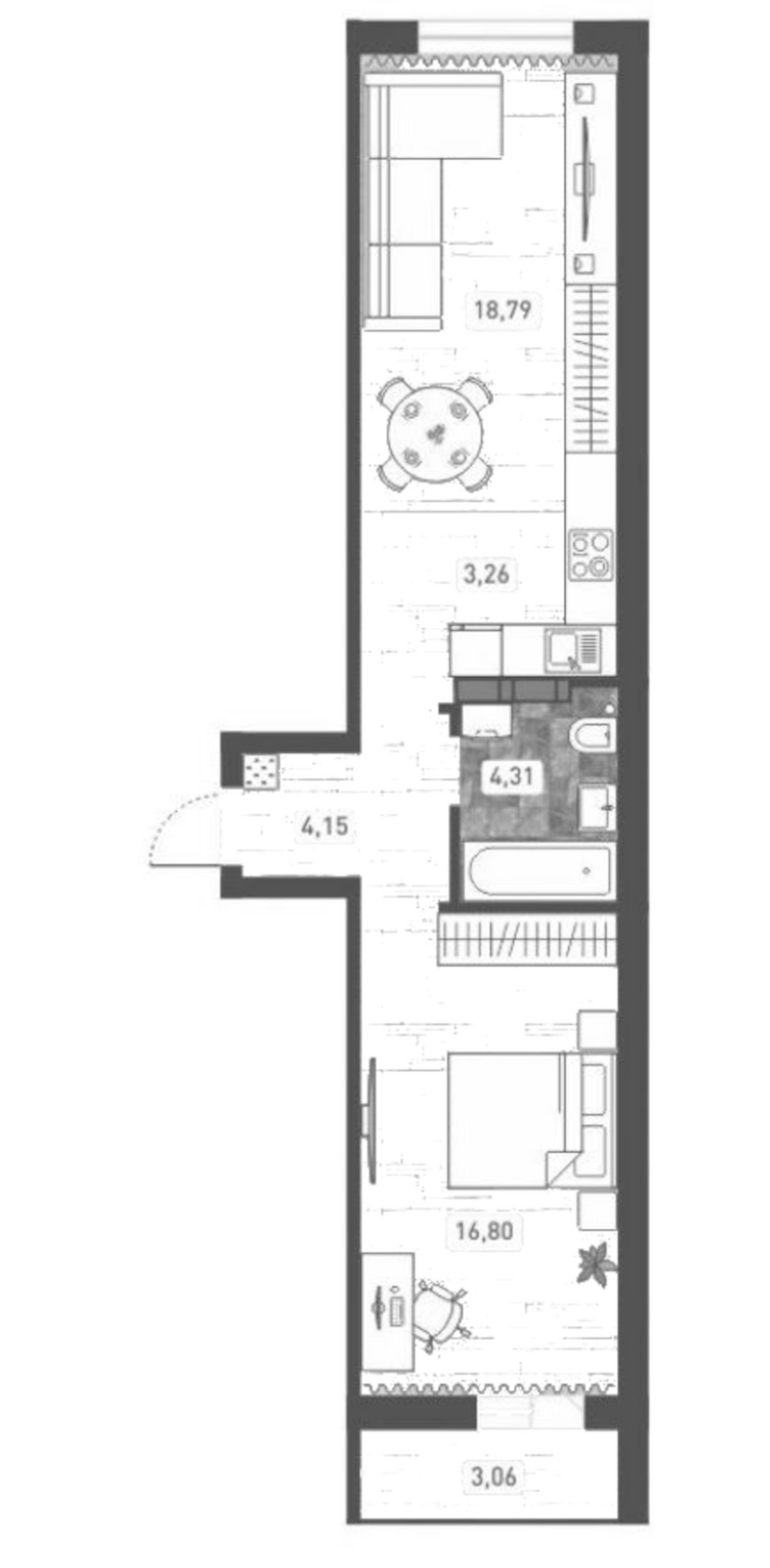 Планировка 2е-к. квартира 47.31 м² в ЖК «Радуга Сибири»