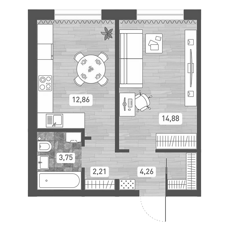 Планировка 2е-к. квартира 37.96 м² в ЖК «Радуга Сибири»
