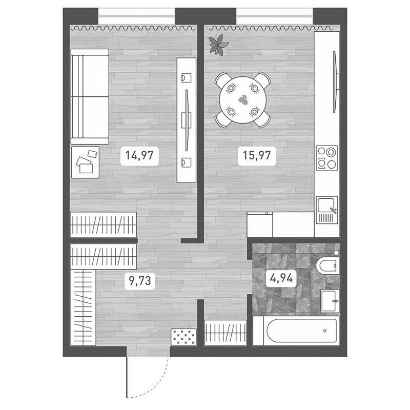 Планировка 2е-к. квартира 45.61 м² в ЖК «Радуга Сибири»