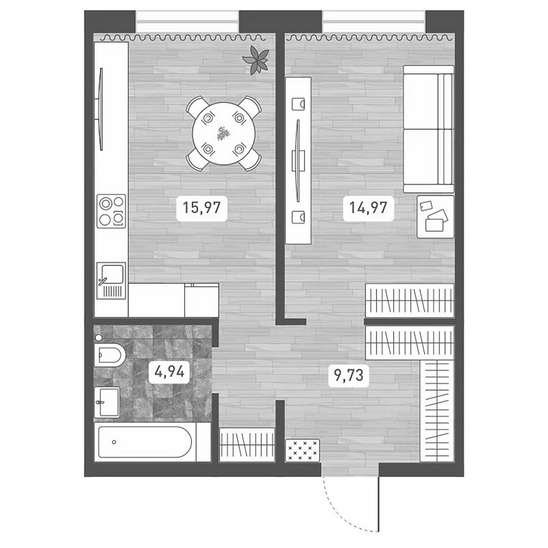 Планировка 2е-к. квартира 45.61 м² в ЖК «Радуга Сибири»