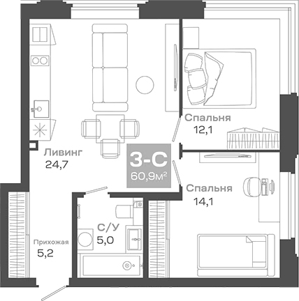 Планировка 3е-к.кв 60.90 м² в ЖК «Пульсар»