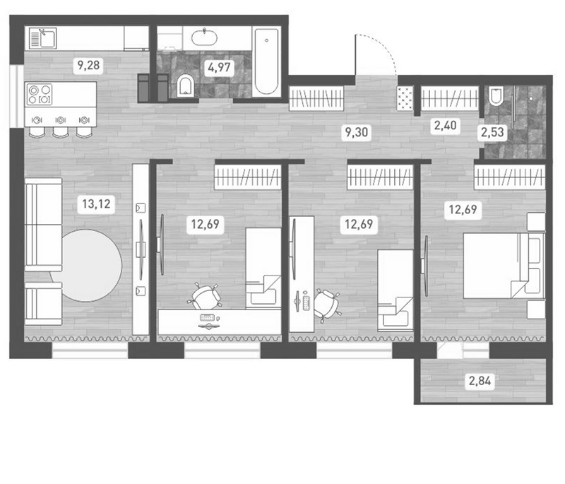 Планировка 4е-к. квартира 79.57 м² в ЖК «Радуга Сибири»