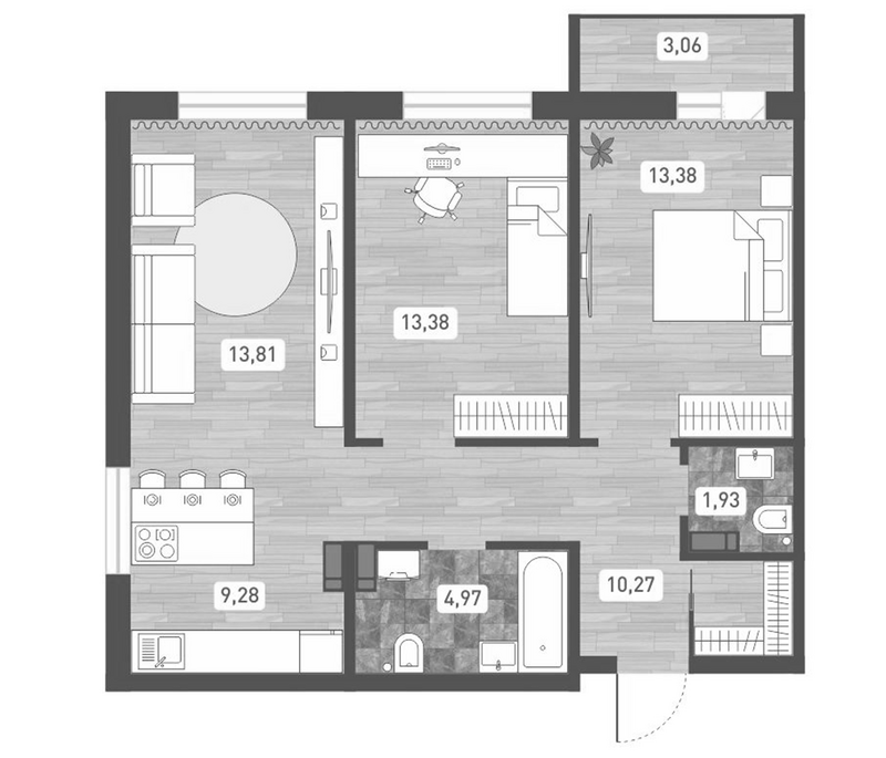 Планировка 3е-к. квартира 67.02 м² в ЖК «Радуга Сибири»
