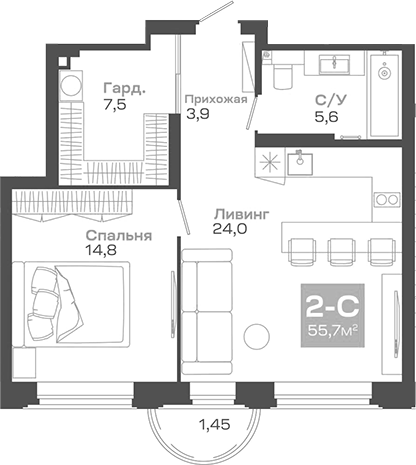 Планировка 2е-к.кв 55.67 м² в ЖК «Пульсар»