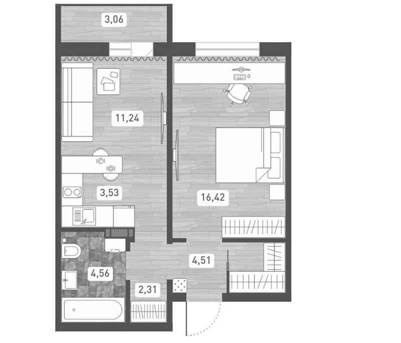 Планировка 2е-к. квартира 42.57 м² в ЖК «Радуга Сибири»