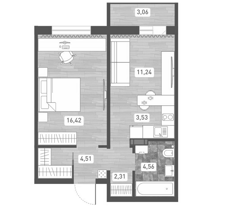 Планировка 2е-к. квартира 42.57 м² в ЖК «Радуга Сибири»