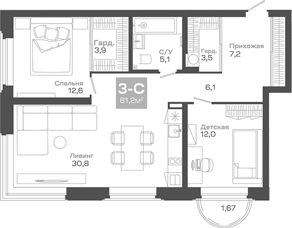 Планировка 3е-к.кв 81.19 м² в ЖК «Пульсар»
