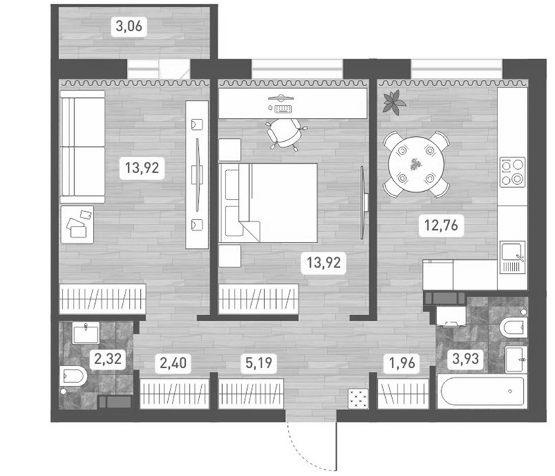 Планировка 2-к.кв 56.40 м² в ЖК «Радуга Сибири»