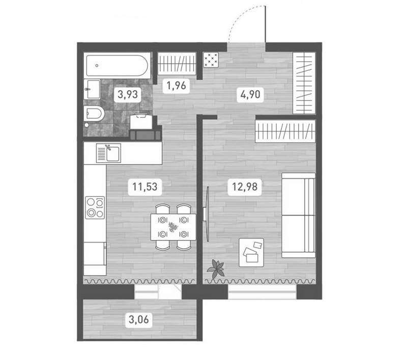 Планировка 1-к. квартира 35.30 м² в ЖК «Радуга Сибири»