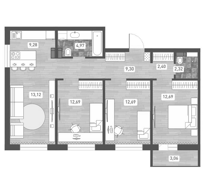 Планировка 4е-к. квартира 79.46 м² в ЖК «Радуга Сибири»