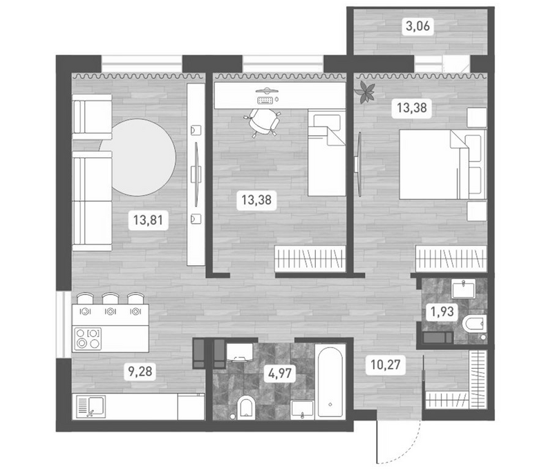 Планировка 3е-к. квартира 67.02 м² в ЖК «Радуга Сибири»