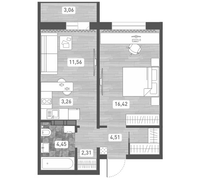Планировка 2е-к. квартира 42.51 м² в ЖК «Радуга Сибири»