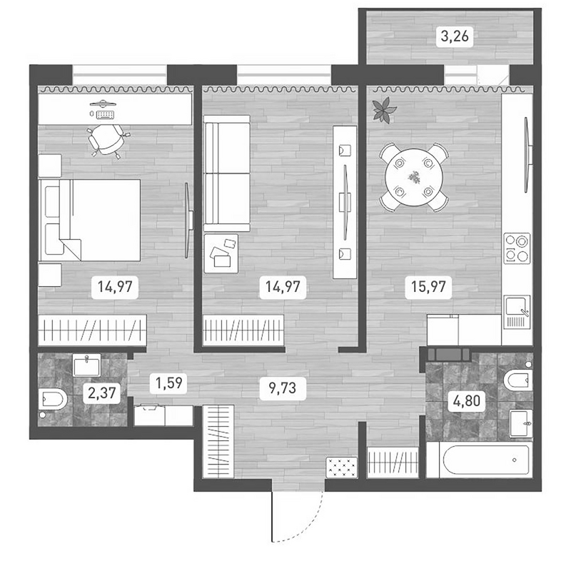 Планировка 2-к. квартира 64.40 м² в ЖК «Радуга Сибири»
