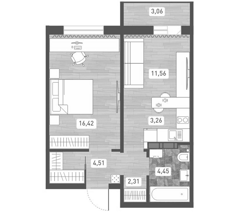 Планировка 2е-к. квартира 42.51 м² в ЖК «Радуга Сибири»