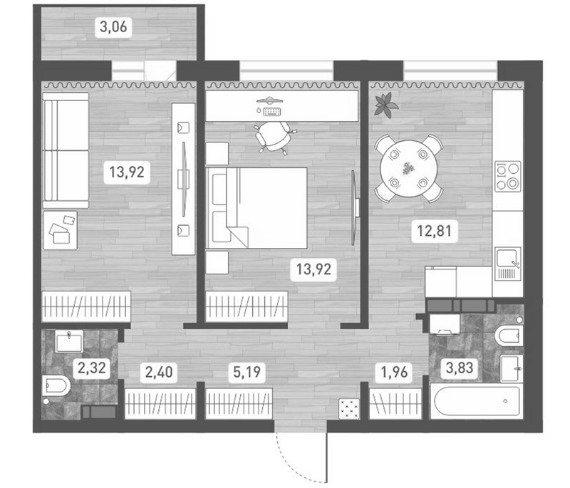Планировка 2-к.кв 56.35 м² в ЖК «Радуга Сибири»