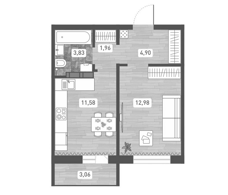 Планировка 1-к. квартира 35.25 м² в ЖК «Радуга Сибири»