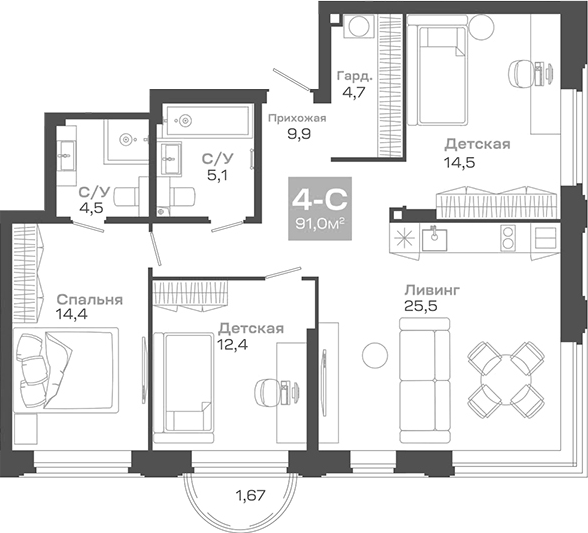 Планировка 4е-к.кв 90.95 м² в ЖК «Пульсар»