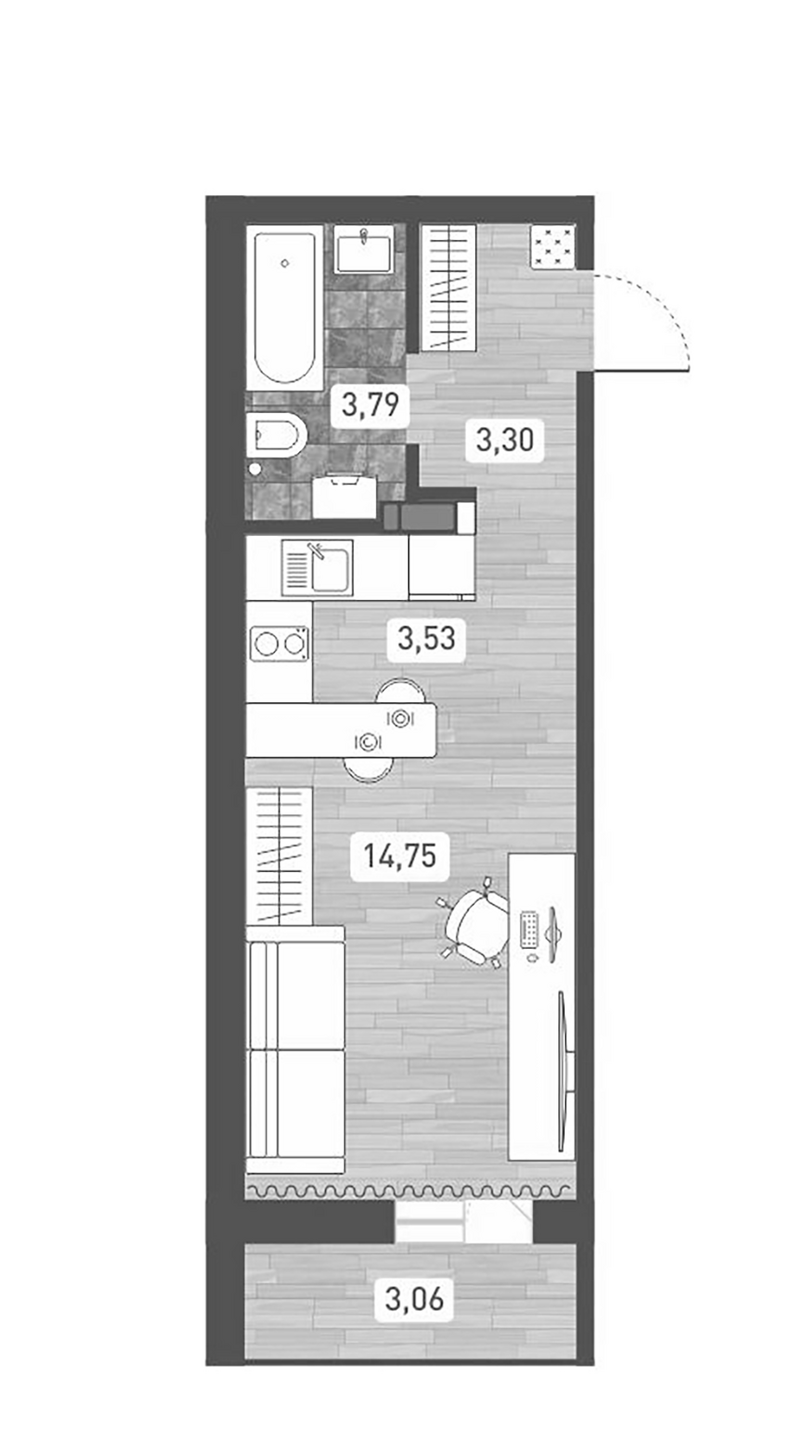Планировка студии 25.37 м² в ЖК «Радуга Сибири»