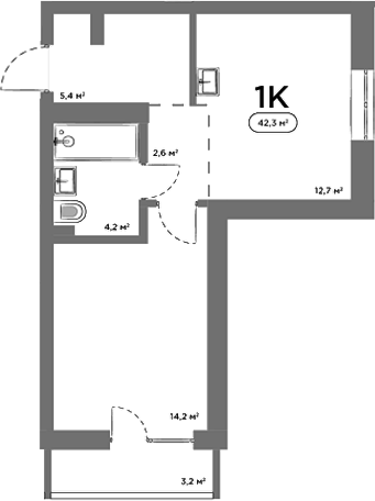 Планировка 1-к.кв 39.10 м² в ЖК «Авеню на Выборной»