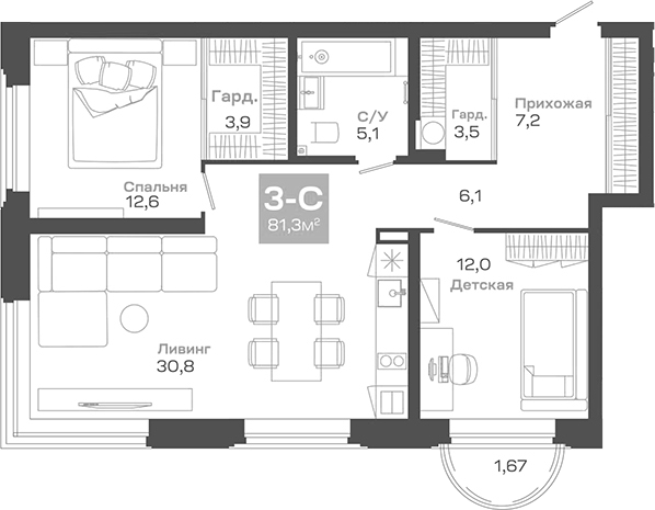 Планировка 3е-к.кв 81.29 м² в ЖК «Пульсар»