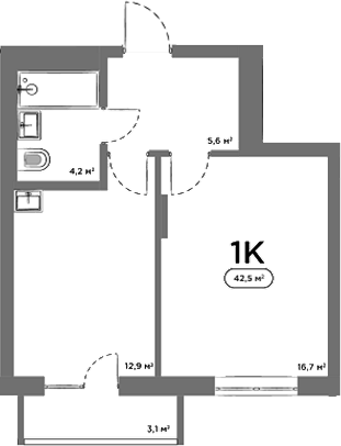 Планировка 1-к.кв 39.40 м² в ЖК «Авеню на Выборной»
