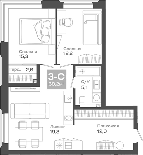 Планировка 3е-к.кв 68.24 м² в ЖК «Пульсар»
