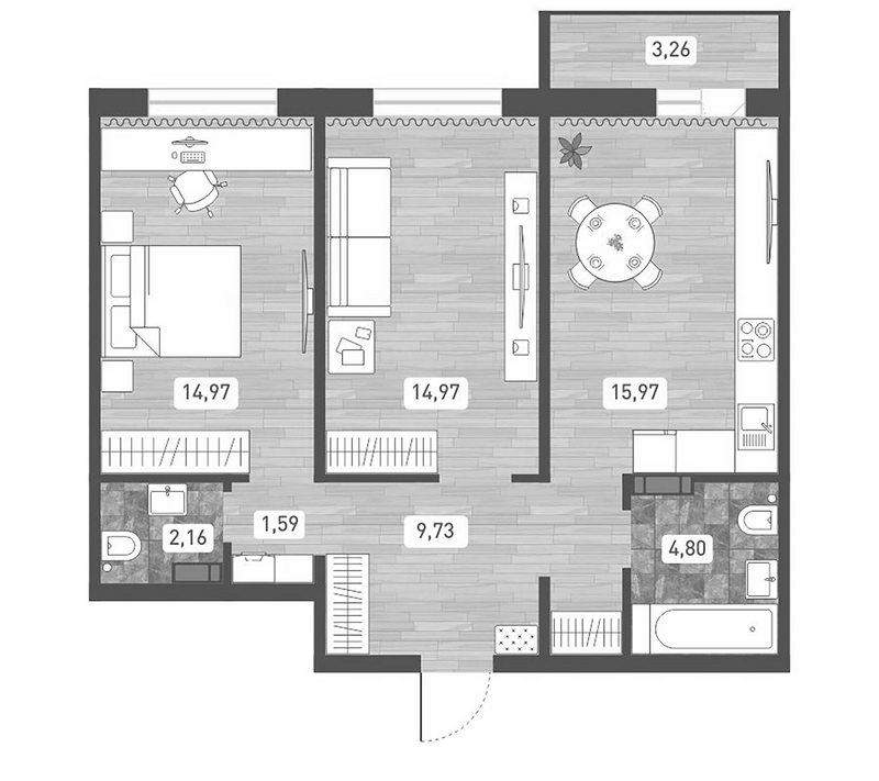 Планировка 2-к. квартира 64.19 м² в ЖК «Радуга Сибири»