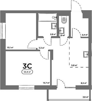 Планировка 3е-к.кв 49.80 м² в ЖК «Авеню на Выборной»