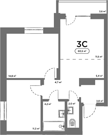 Планировка 3е-к.кв 56.90 м² в ЖК «Авеню на Выборной»