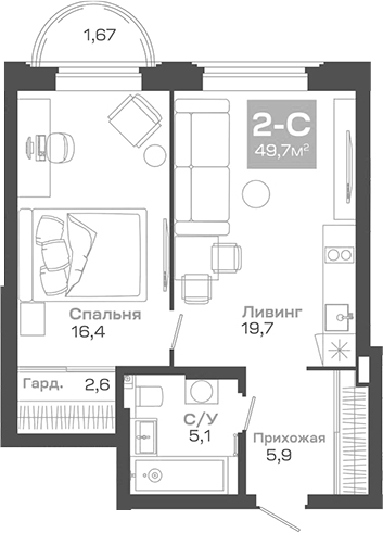 Планировка 2е-к.кв 49.66 м² в ЖК «Пульсар»
