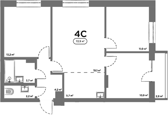 Планировка 4е-к.кв 70.00 м² в ЖК «Авеню на Выборной»