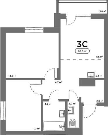 Планировка 3е-к.кв 56.70 м² в ЖК «Авеню на Выборной»