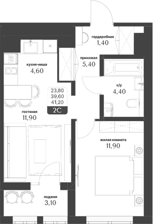 Планировка 2е-к.кв 39.65 м² в ЖК «Тимирязевский парк»