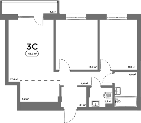 Планировка 3е-к.кв 62.20 м² в ЖК «Авеню на Выборной»