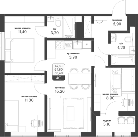 Планировка 4е-к.кв 64.85 м² в ЖК «Тимирязевский парк»