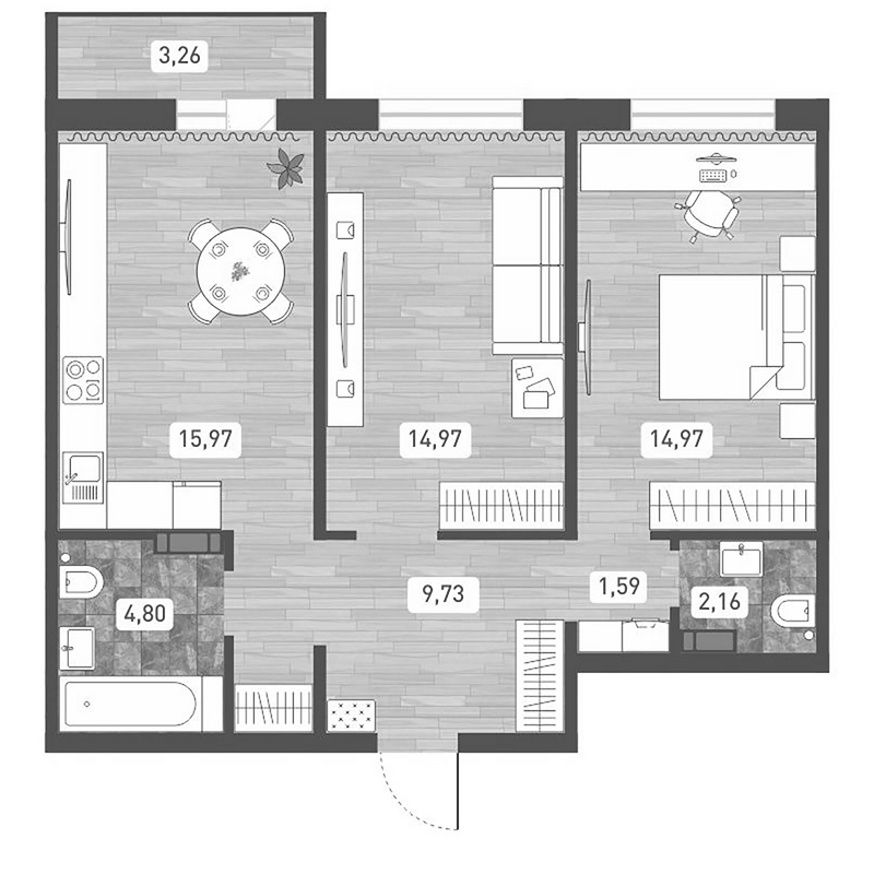 Планировка 2-к.кв 64.19 м² в ЖК «Радуга Сибири»