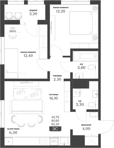 Планировка 3е-к.кв 60.60 м² в ЖК «Тимирязевский парк»