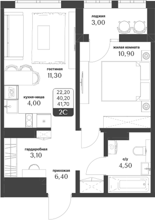 Планировка 2е-к.кв 40.20 м² в ЖК «Тимирязевский парк»