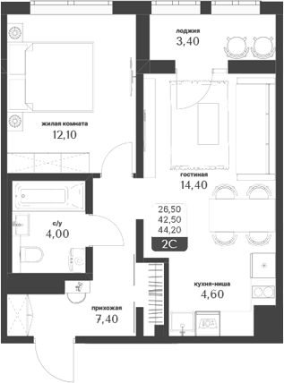 Планировка 2е-к.кв 42.50 м² в ЖК «Тимирязевский парк»