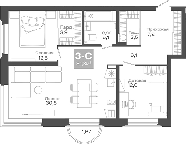 Планировка 3е-к.кв 81.29 м² в ЖК «Пульсар»