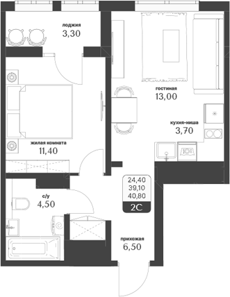 Планировка 2е-к.кв 39.15 м² в ЖК «Тимирязевский парк»