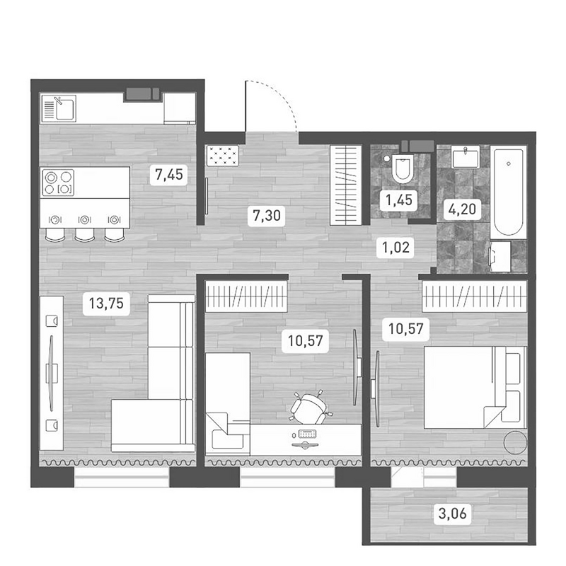 Планировка 3е-к. квартира 56.31 м² в ЖК «Радуга Сибири»