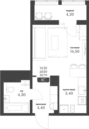 Планировка студии 28.60 м² в ЖК «Тимирязевский парк»